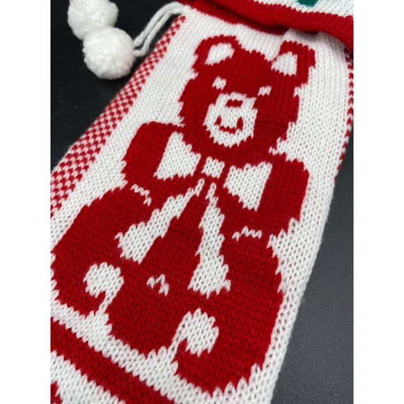 Vintage Teddy Bear Knit Christmas Stocking with pom poms 21" - Picture 14 of 14